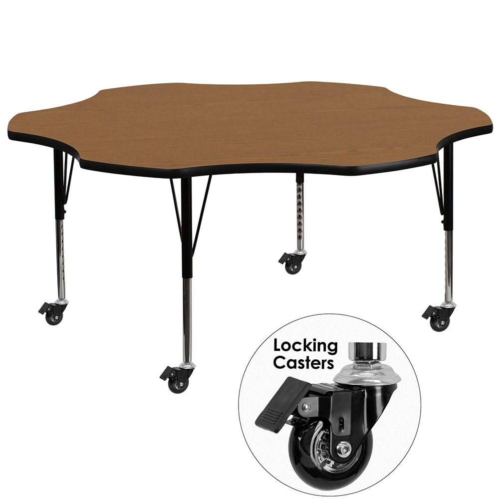 916-XA60FLROAKTPCAS Flower Shaped Mobile Activity Table - 60"L x 60"W, Laminate Top, Oa...