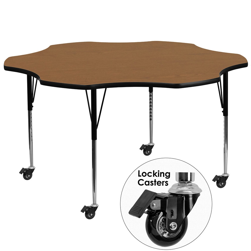 916-XA60FLROAKTACAS Flower Shaped Mobile Activity Table - 60"L x 60"W, Laminate Top, Oa...