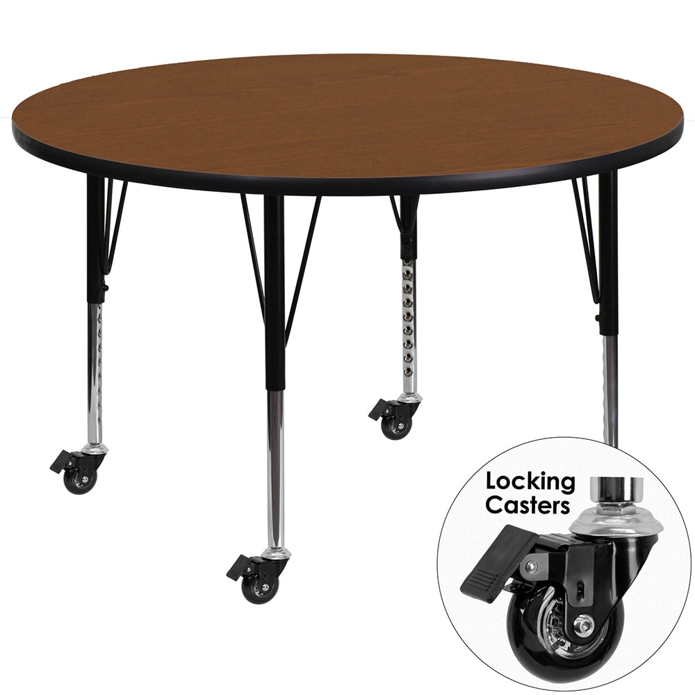 916-XA48ROAKHPCAS 48" Round Mobile Activity Table - Laminate Top, Oak