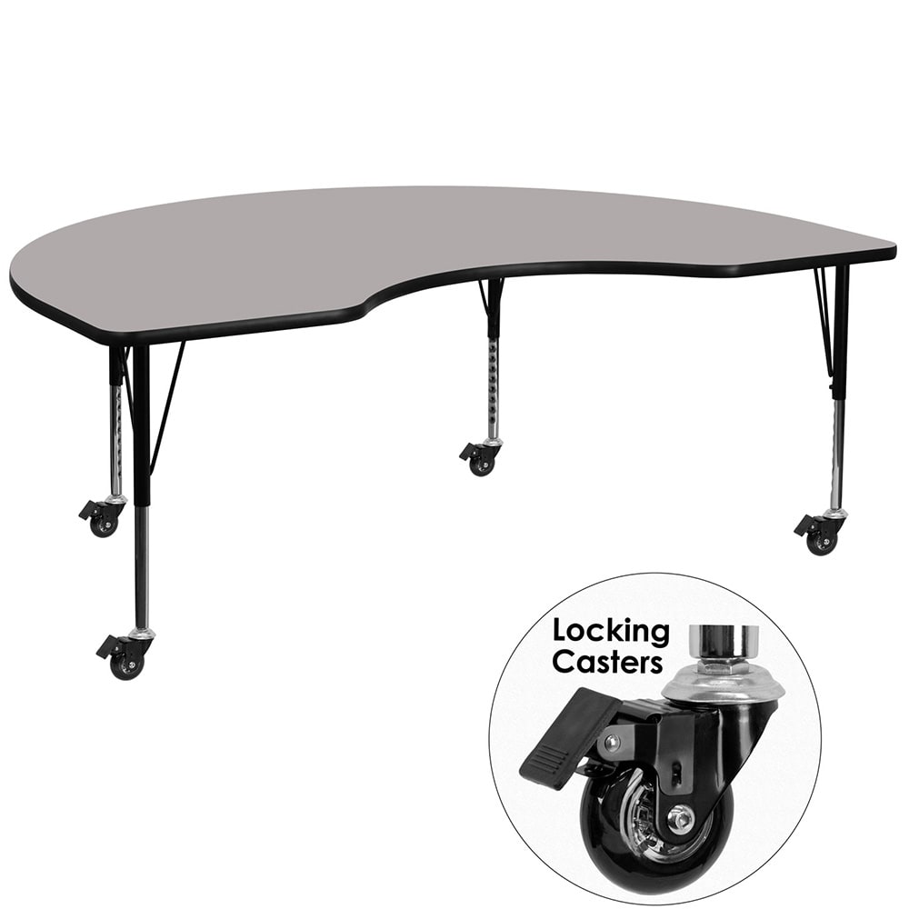Flash Furniture XU-A4896-KIDNY-GY-H-P-CAS-GG Kidney Shaped Mobile Activity Table - 96"L x 48"W, Laminate Top, Gray
