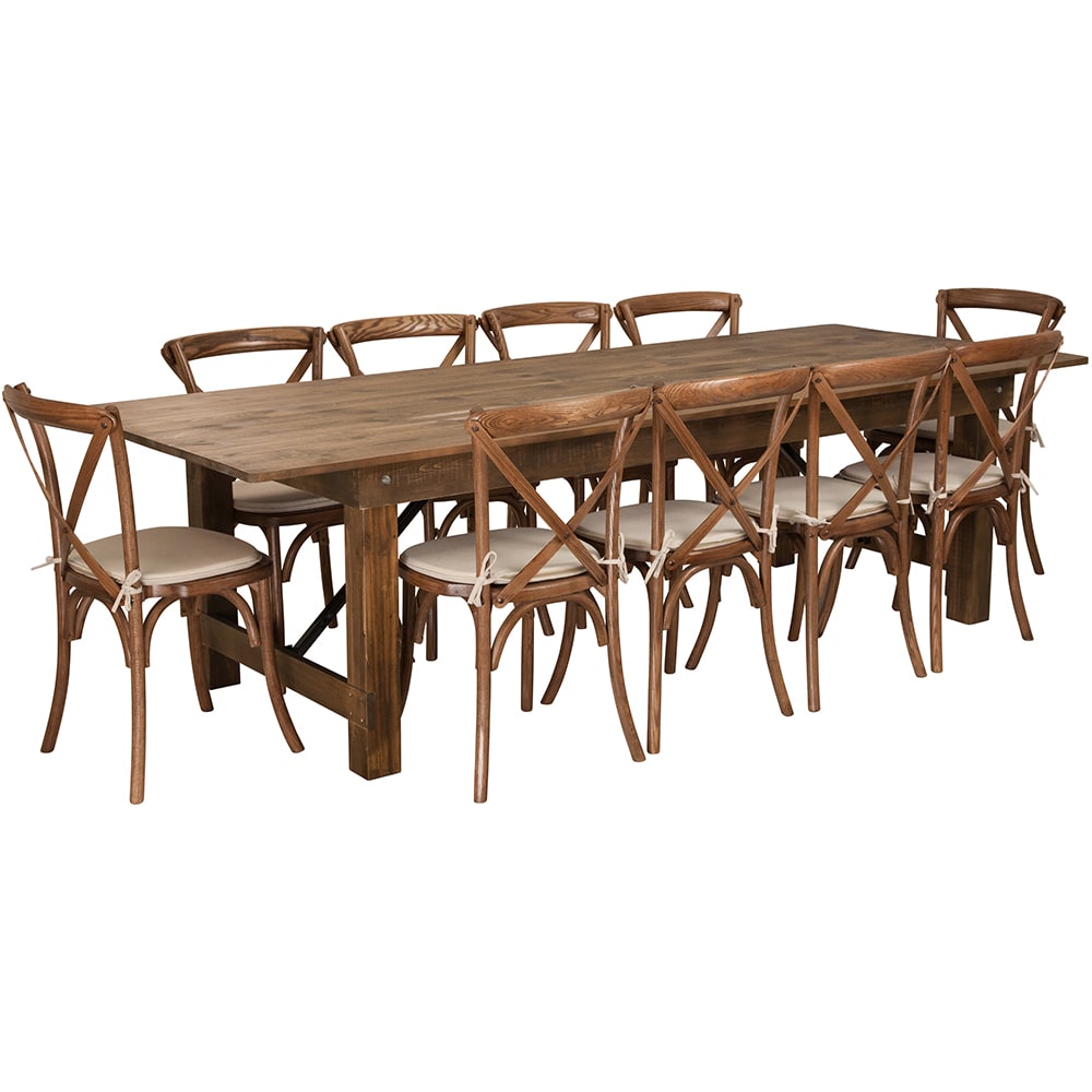 916-XAFA15 Rectangular Folding Farm Table & 10 Chair Set - 108"W x 40"D x 30"H...