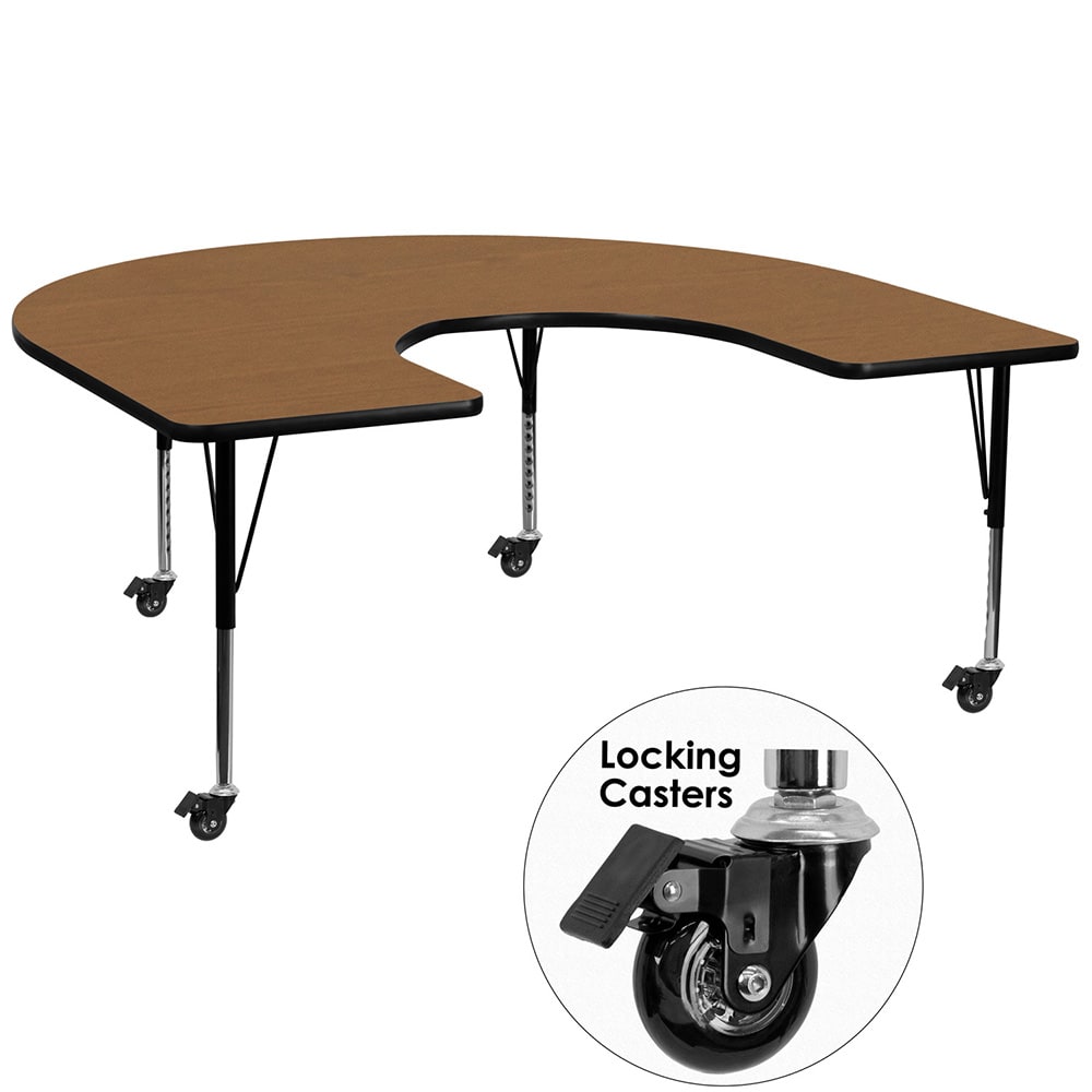 Flash Furniture XU-A6066-HRSE-OAK-T-P-CAS-GG Horseshoe Shaped Mobile Activity Table - 66"L x 60"W, Laminate Top, Oak