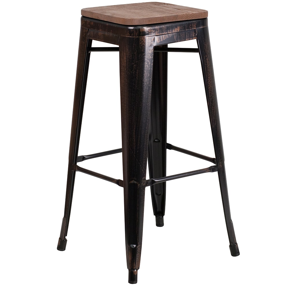 916-CH3132030BQWD Backless Bar Stool w/ Wood Seat, Black Antique Gold