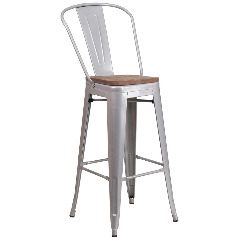 916-CH3132030GBSILWD Bar Stool w/ Curved Back & Wood Seat, Silver