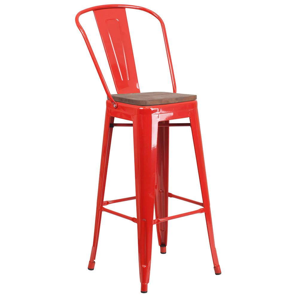 916-CH3132030GBREDWD Bar Stool w/ Curved Back & Wood Seat, Red