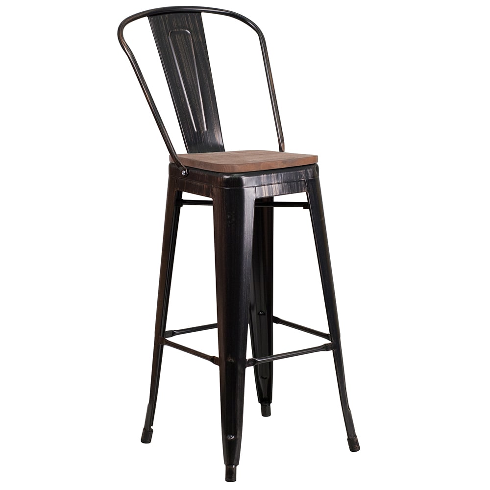916-CH3132030GBBQWD Bar Stool w/ Curved Back & Wood Seat, Black Antique Gold