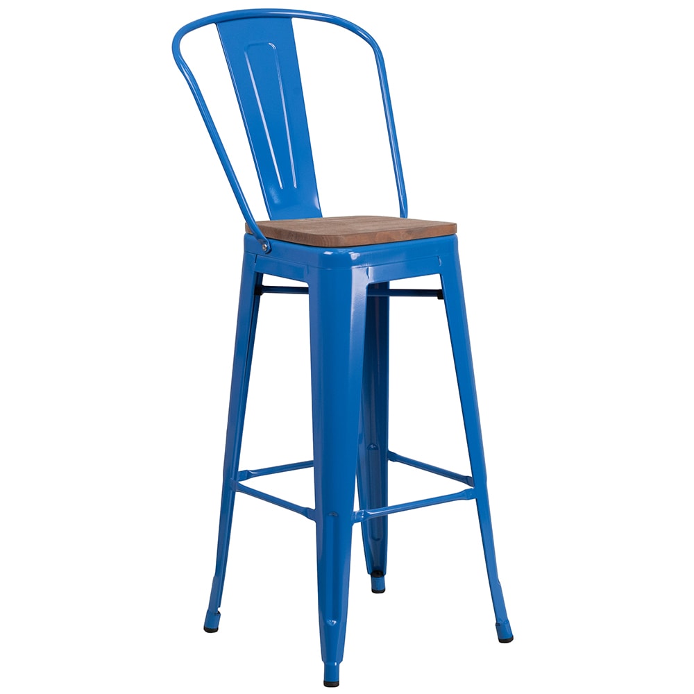 916-CH3132030GBBLWD Bar Stool w/ Curved Back & Wood Seat, Blue