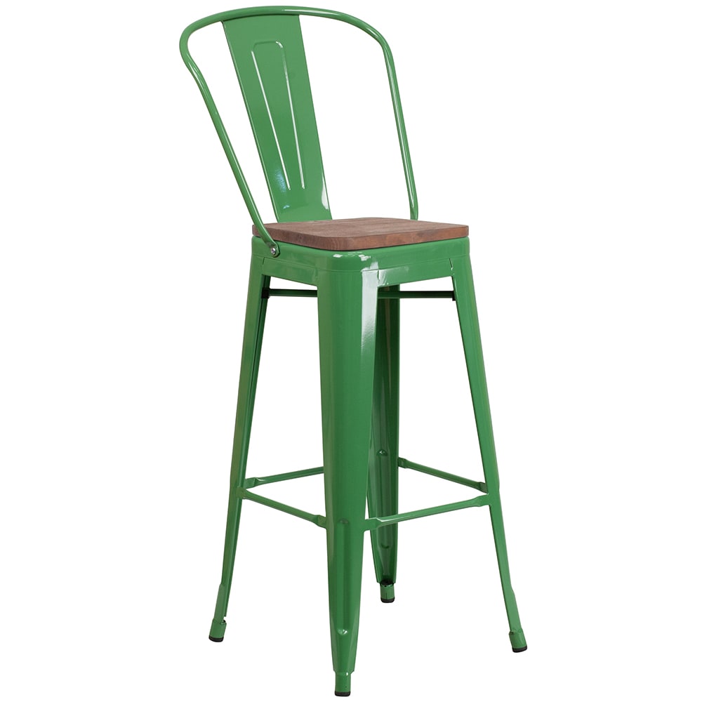 916-CH3132030GBGNWD Bar Stool w/ Curved Back & Wood Seat, Green