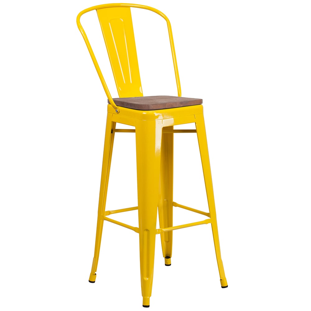 916-CH3132030GBYLWD Bar Stool w/ Curved Back & Wood Seat, Yellow