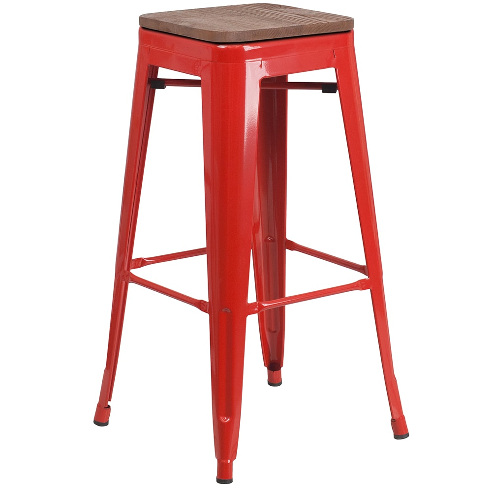 916-CH3132030REDWD Backless Bar Stool w/ Wood Seat, Red