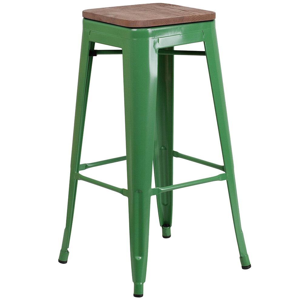 916-CH3132030GNWD Backless Bar Stool w/ Wood Seat, Green