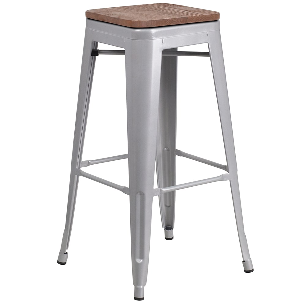916-CH3132030SILWD Backless Bar Stool w/ Wood Seat, Silver
