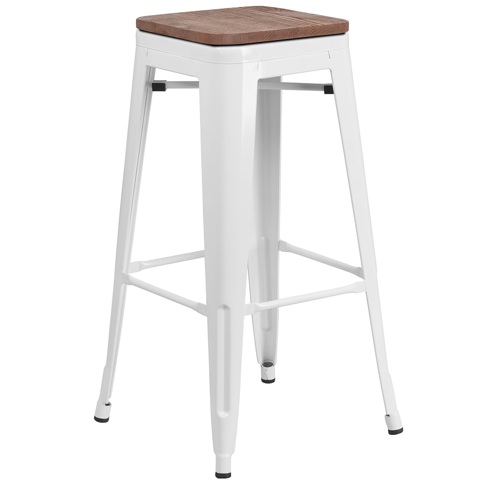 916-CH3132030WHWD Backless Bar Stool w/ Wood Seat, White
