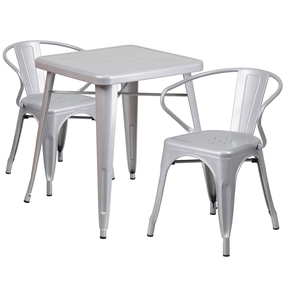 916-CH31330270SIL 23 3/4" Square Table & (2) Arm Chair Set - Steel, Silver
