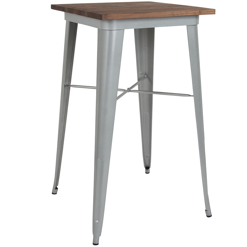 916-CH3133040M1SIL 23 1/2" Square Bar Height Table - Walnut Rustic Wood Top, Steel Base