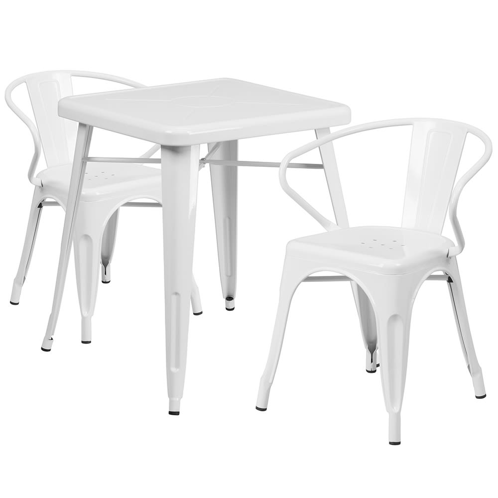 916-CH31330270WH 23 3/4" Square Table & (2) Arm Chair Set - Steel, White
