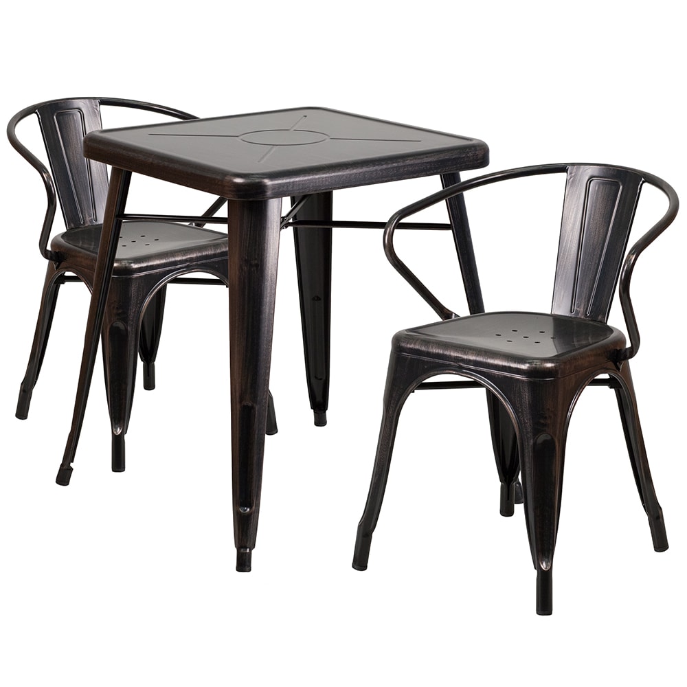 916-CH31330270BQ 23 3/4" Square Table & (2) Arm Chair Set - Steel, Black & Antique G...