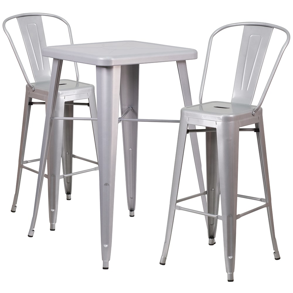916-CH31330B230GBSIL 27 3/4" Square Bar Height Table w/ (2) Bar Stool Set - Silver Steel Top...