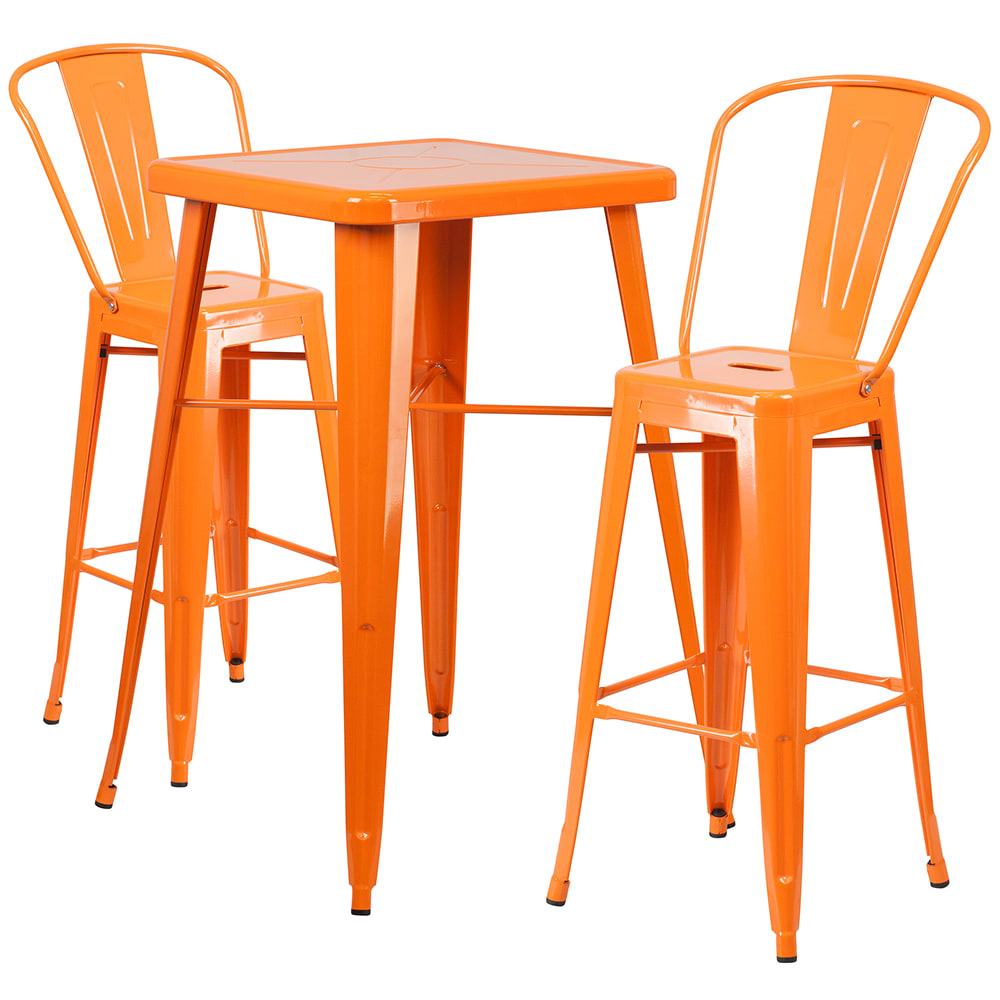 916-CH31330B230GBOR 27 3/4" Square Bar Height Table w/ (2) Bar Stool Set - Orange Steel Top,...