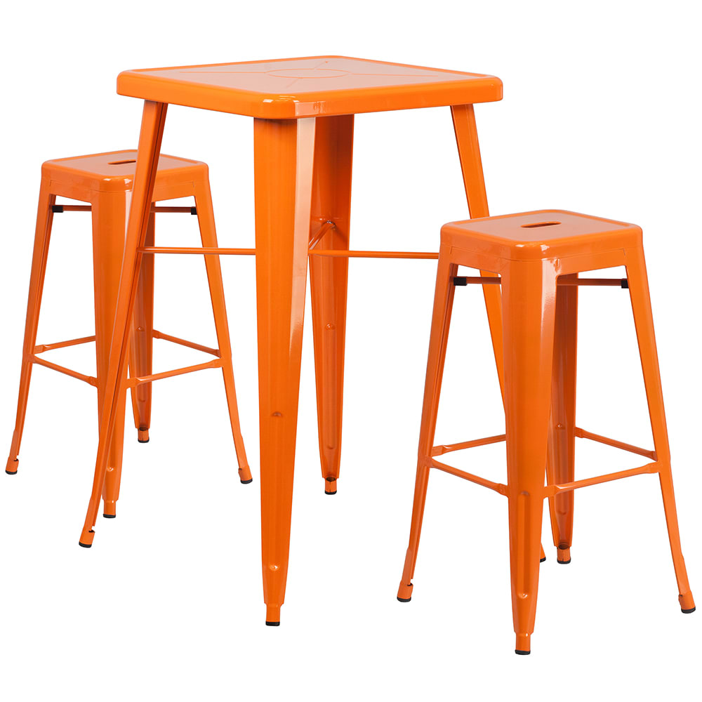 916-CH31330B230SQOR 27 3/4" Square Bar Height Table w/ (2) Bar Stool Set - Orange Steel Top,...