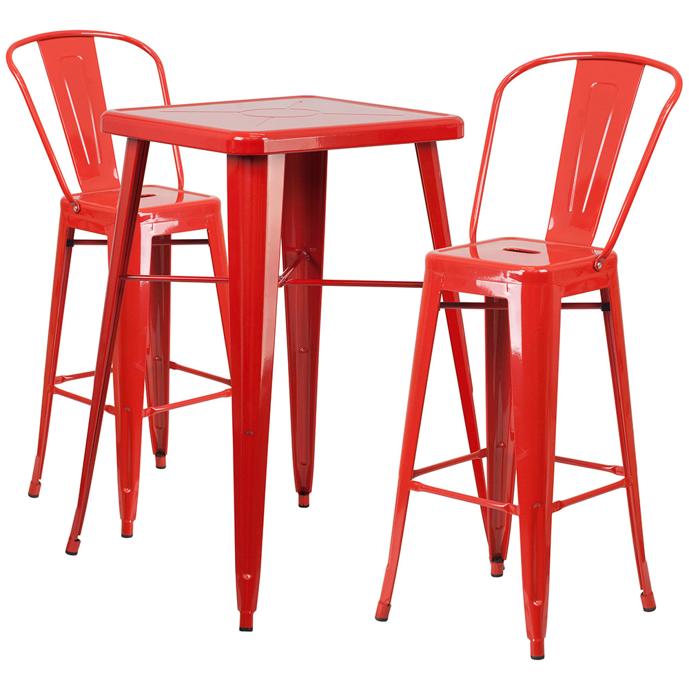 916-CH31330B230GBRED 27 3/4" Square Bar Height Table w/ (2) Bar Stool Set - Red Steel Top, S...