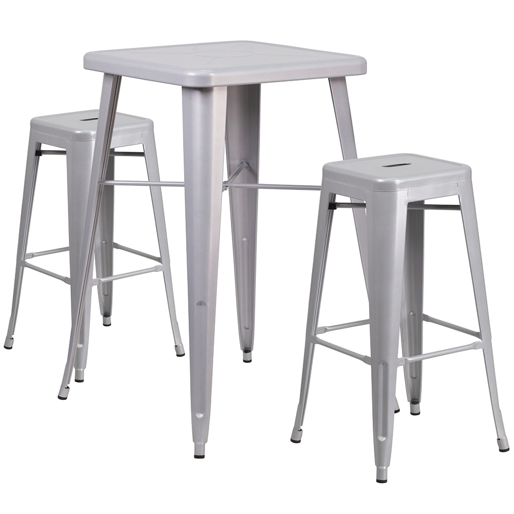 916-CH31330B230SQSIL 27 3/4" Square Bar Height Table w/ (2) Bar Stool Set - Silver Steel Top...