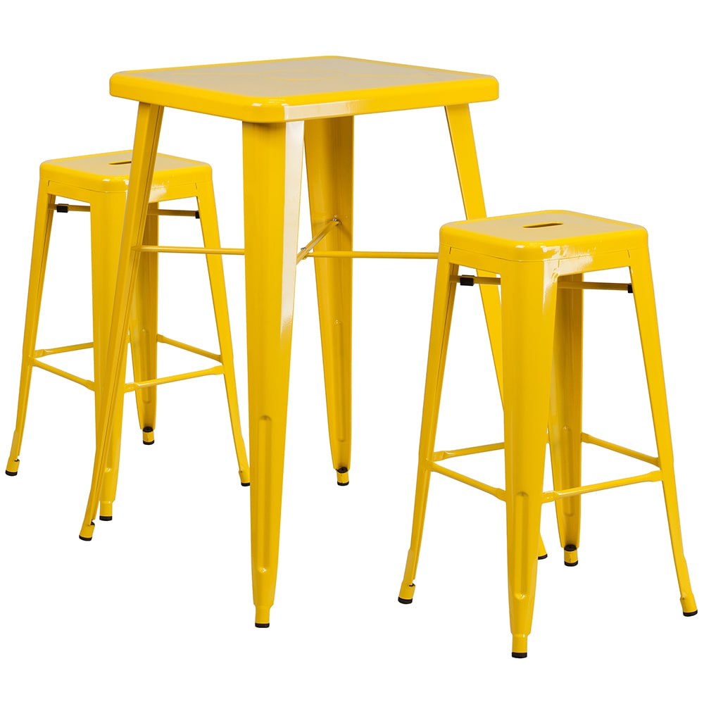 916-CH31330B230SQYL 27 3/4" Square Bar Height Table w/ (2) Bar Stool Set - Yellow Steel Top,...