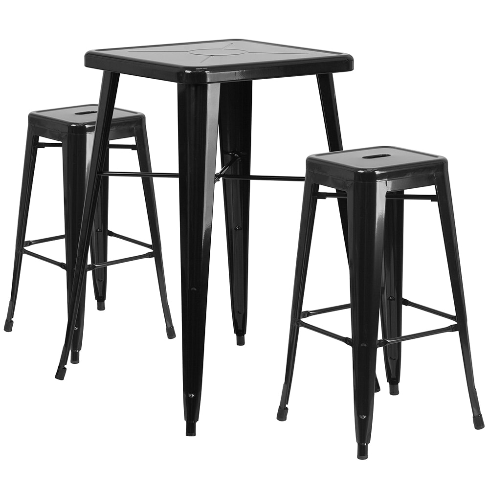 916-CH31330B230SQBK 27 3/4" Square Bar Height Table w/ (2) Bar Stool Set - Black Steel Top,...