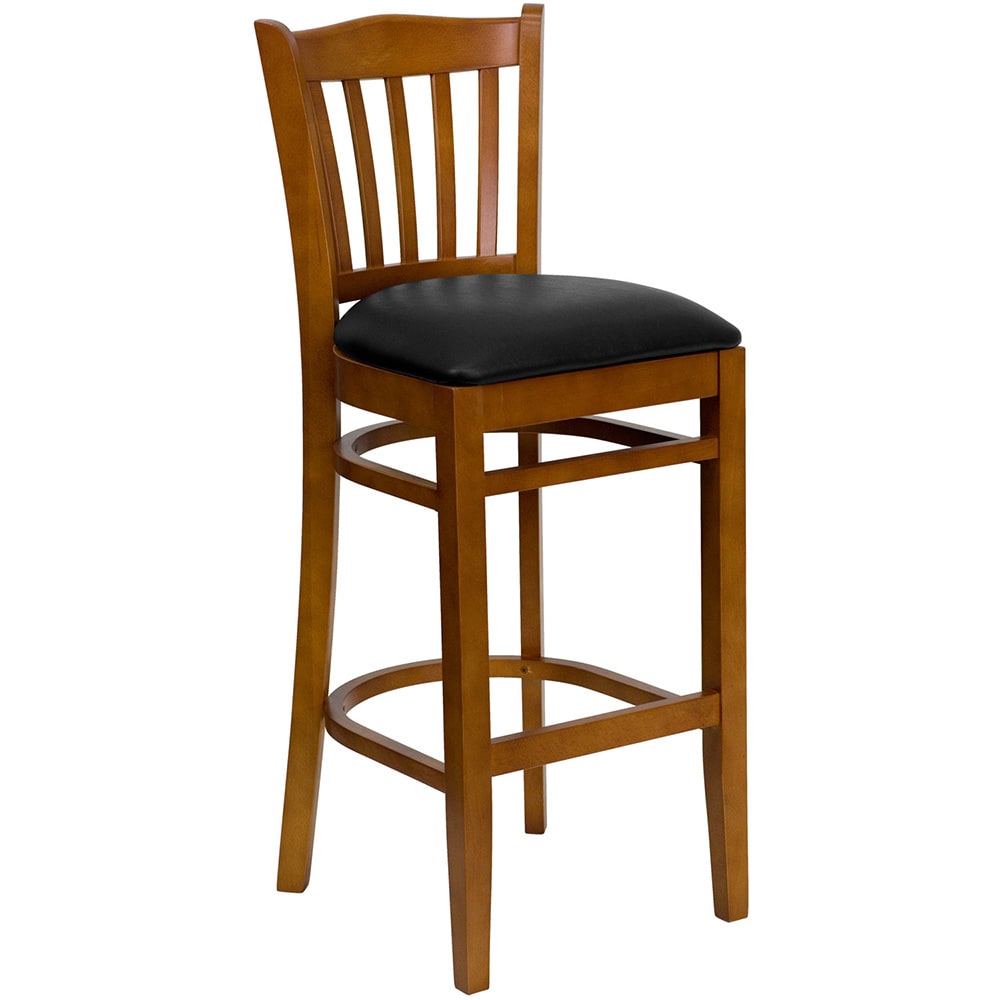 916-0008BVCHYBLKV Bar Stool w/ Vertical Slat Back & Black Vinyl Seat, Cherry 