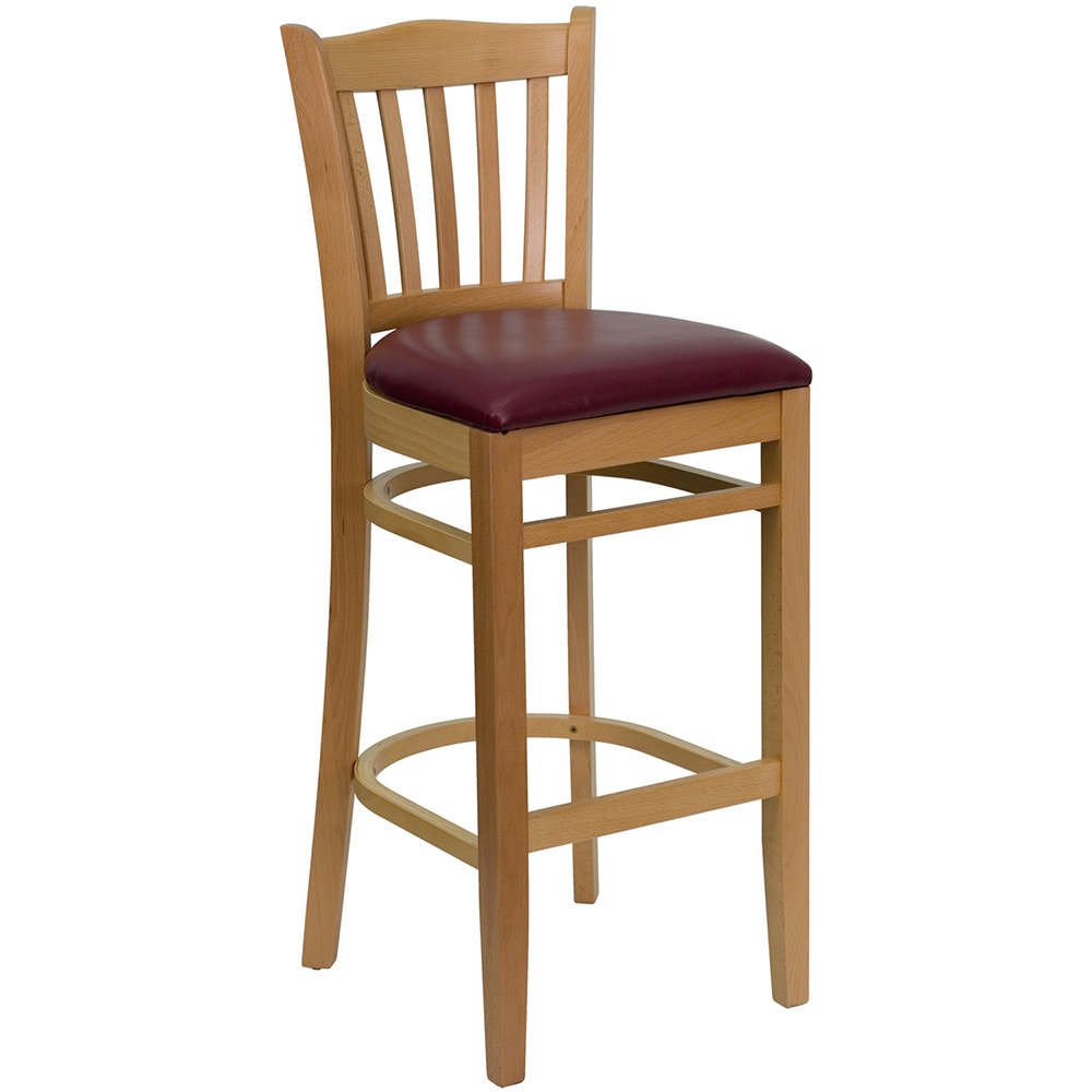 916-0008BVNATBURV Bar Stool w/ Vertical Slat Back & Burgundy Vinyl Seat, Natural