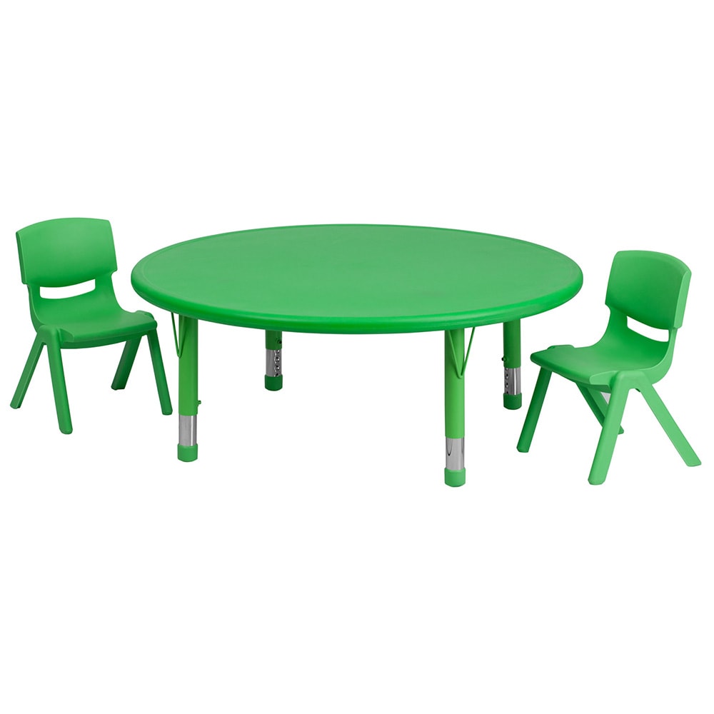 916-00532RTBLGRNR 45" Round Preschool Activity Table & (2) Chair Set - Plastic Top, Gree...