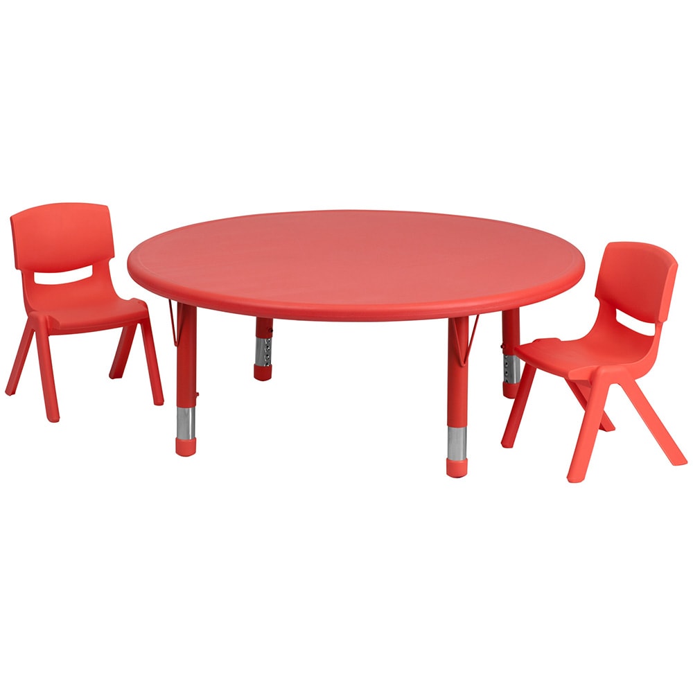 916-00532RTBLREDR 45" Round Preschool Activity Table & 2 Chair Set - Plastic Top, Red