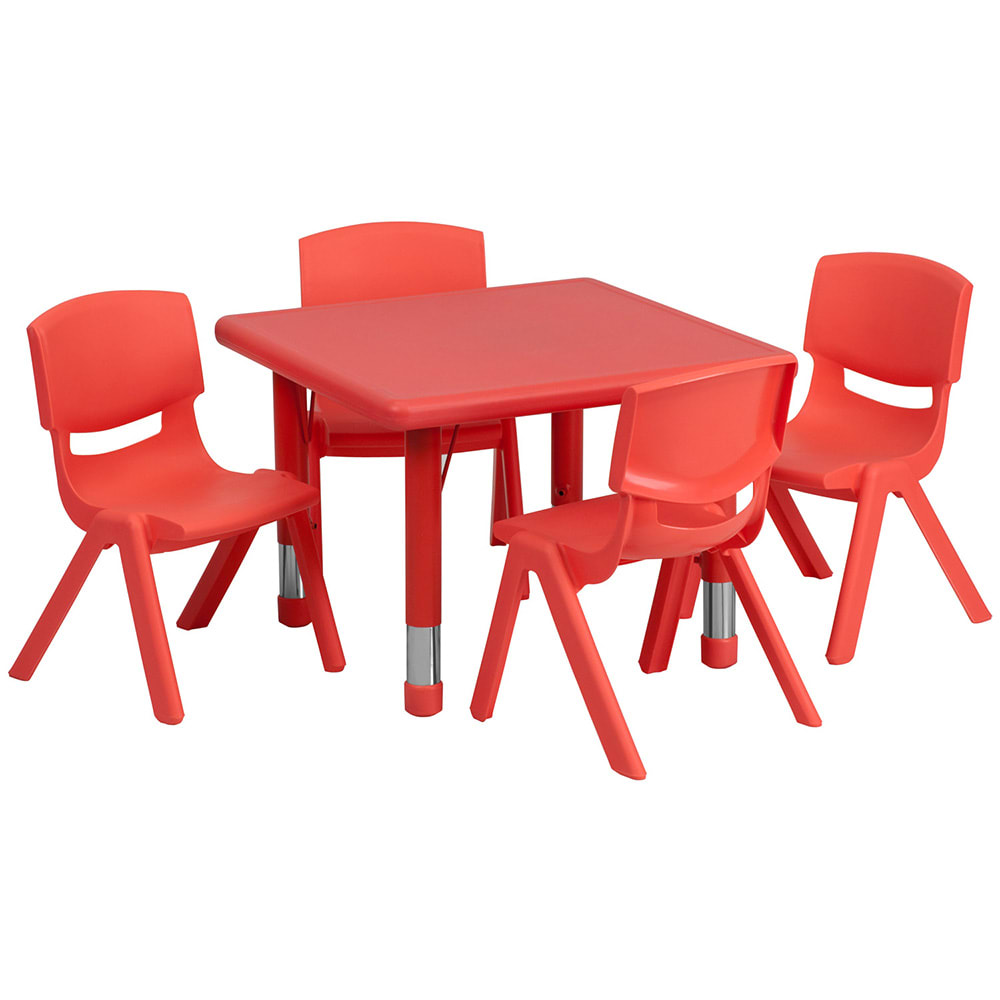 916-00232SQRTBLREDE 24" Square Preschool Activity Table & 4 Chair Set - Plastic Top, Red