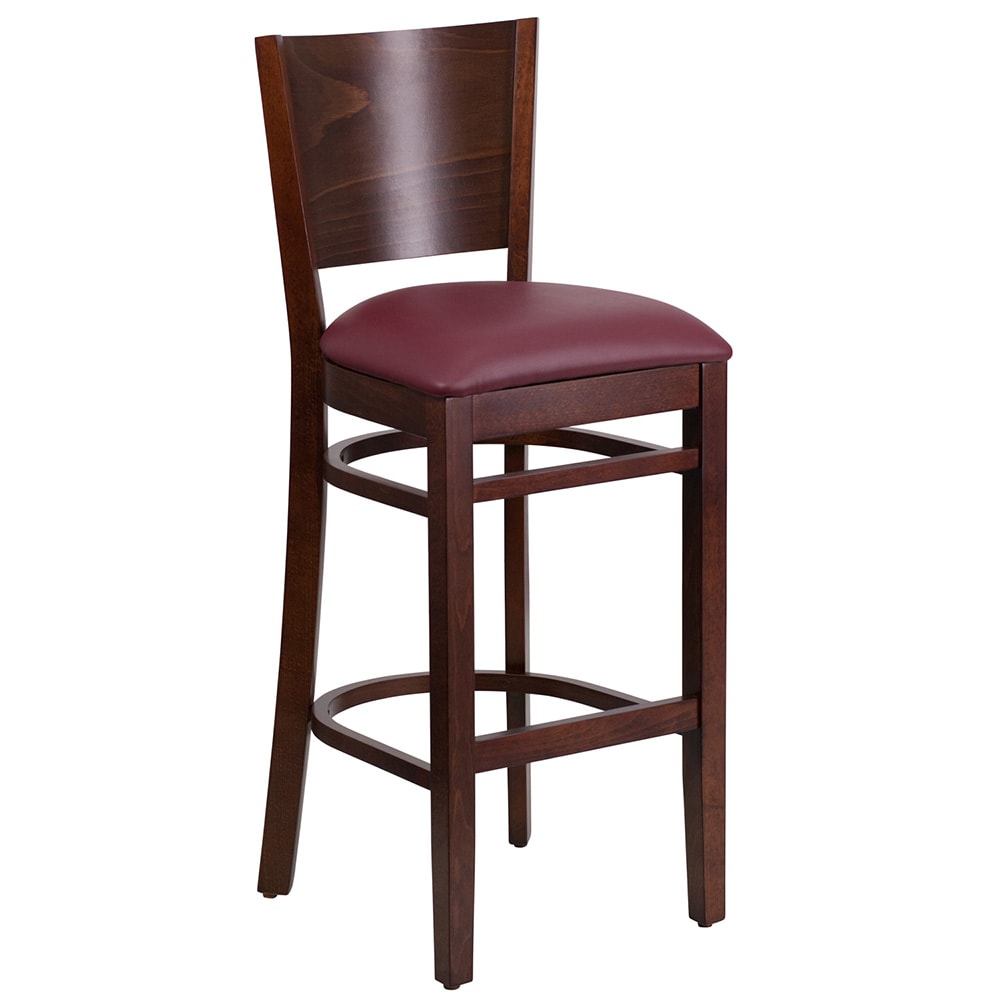 916-0094BRWALBURV Bar Stool w/ Solid Back & Burgundy Vinyl Seat, Walnut