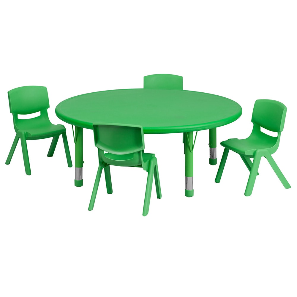 916-00532RTBLGRNE 45" Round Preschool Activity Table & 4 Chair Set - Plastic Top, Green