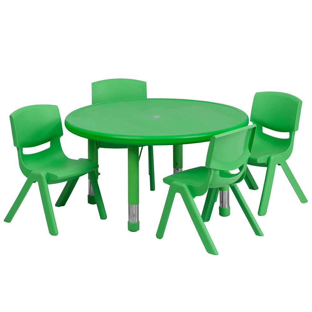 916-00732RTBLGRNE 33" Round Preschool Activity Table & (4) Chair Set - Plastic Top, Gree...