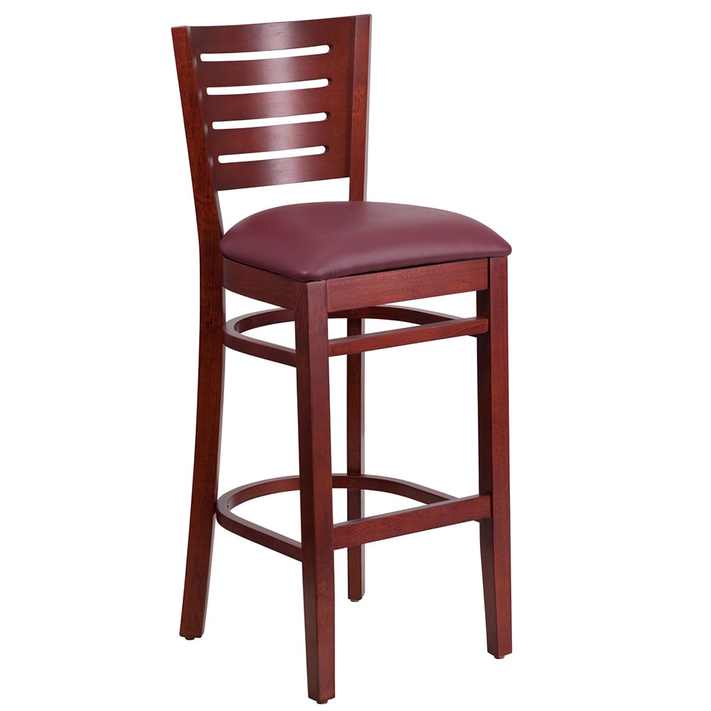 916-0108BBMAHBURV Bar Stool w/ Slat Back & Burgundy Vinyl Seat, Mahogany