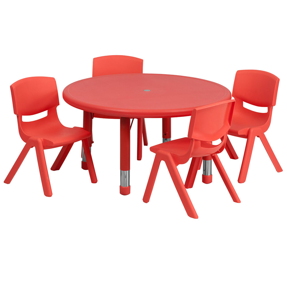 916-00732RTBLREDE 33" Round Preschool Activity Table & (4) Chair Set - Plastic Top, Red
