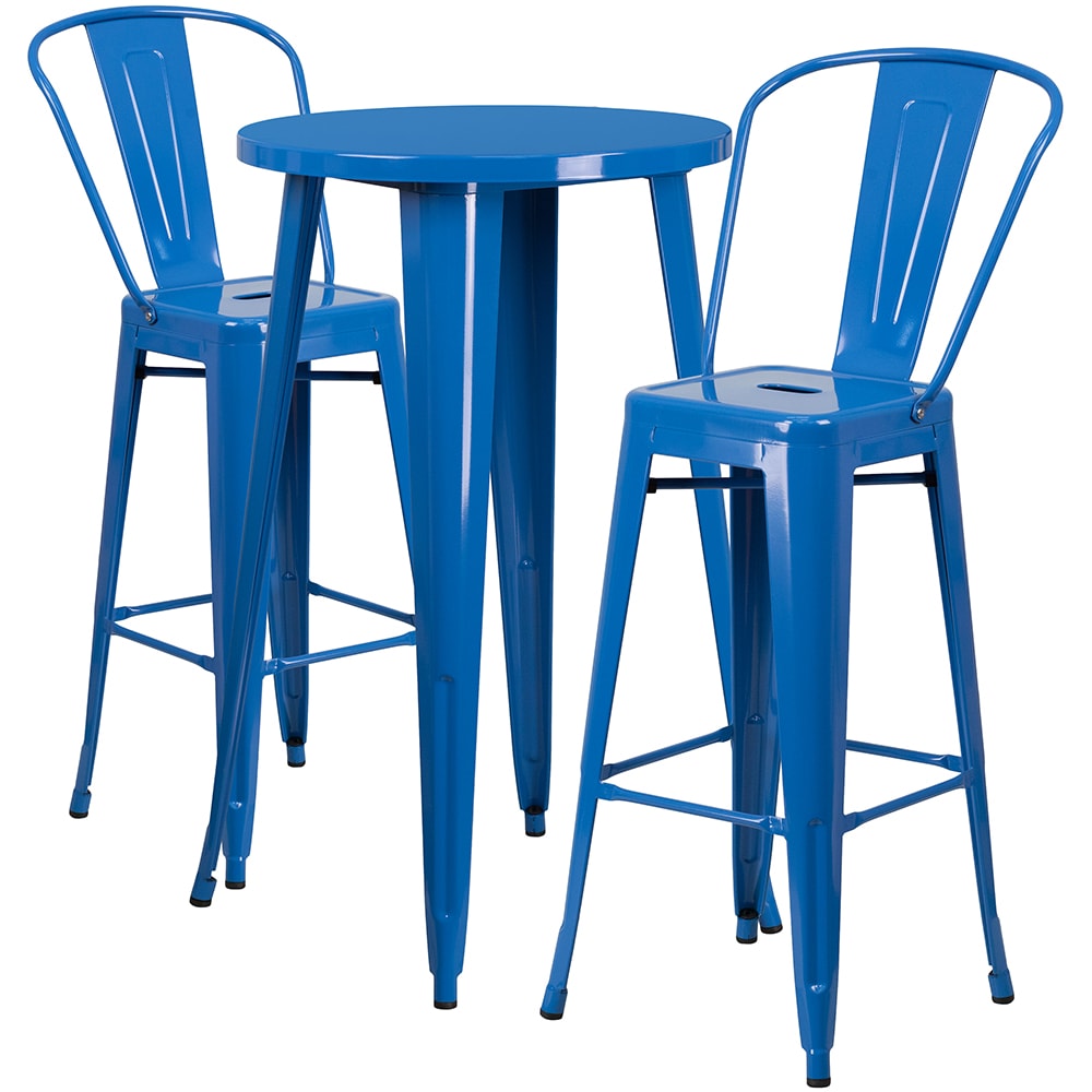 916-CH51080BH230CBL 24" Round Bar Height Table w/ (2) Bar Stool Set - Blue Steel Top, Steel...