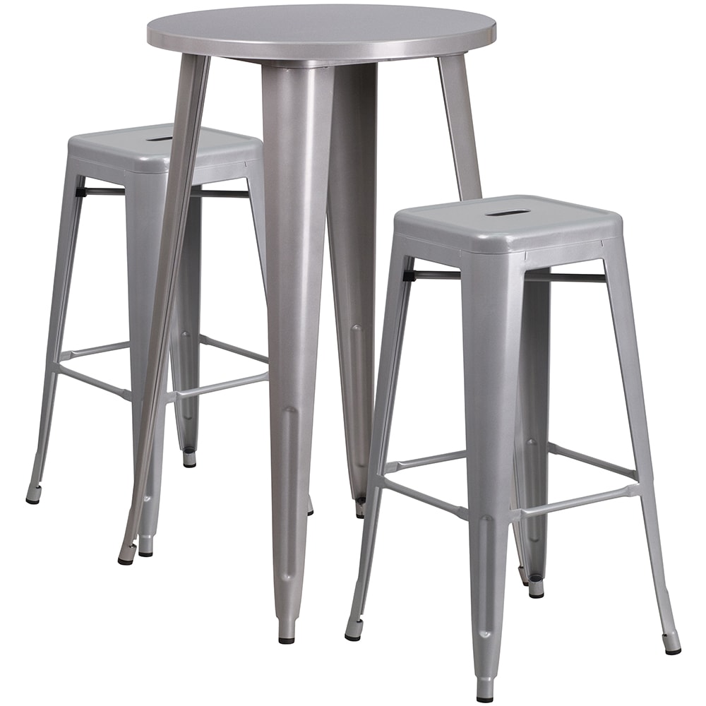 916-CH51080BH230SSS 24" Round Bar Height Table w/ (2) Bar Stool Set - Silver Steel Top, Stee...