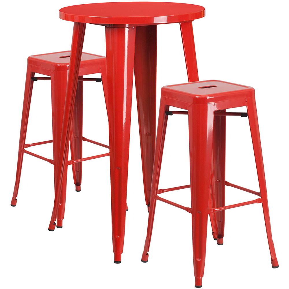 916-CH51080BH230SSR 24" Round Bar Height Table w/ (2) Bar Stool Set - Red Steel Top, Steel B...