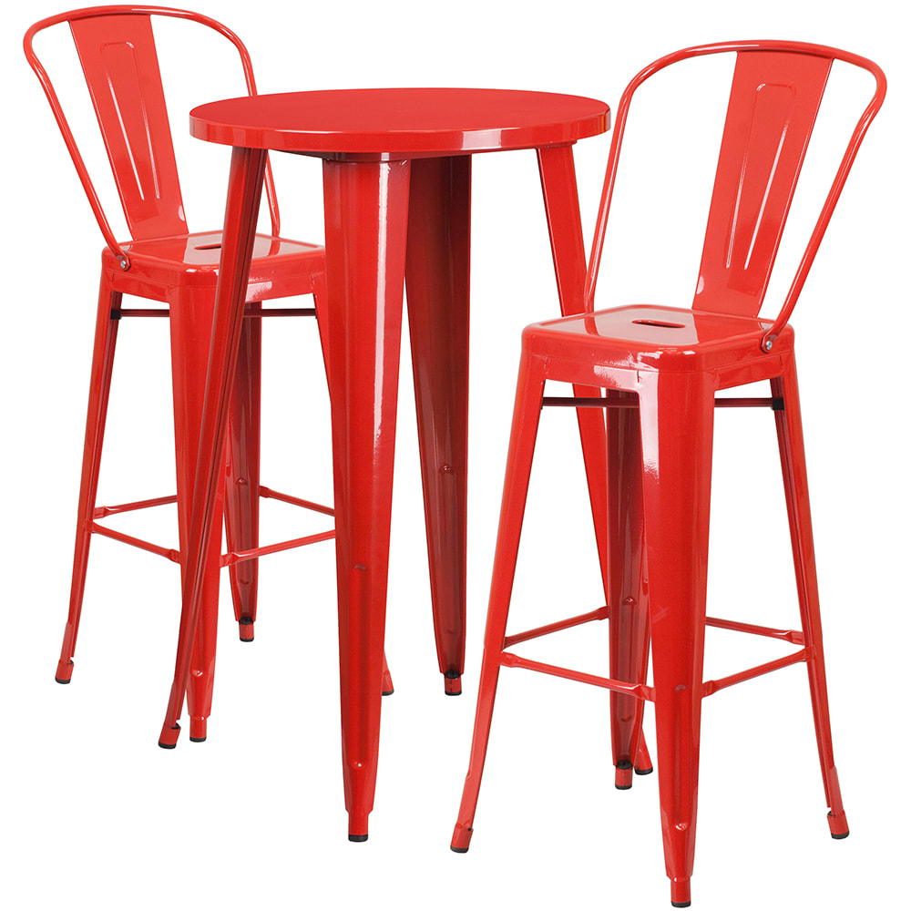 916-CH51080BH230CRED 24" Round Bar Height Table w/ (2) Bar Stool Set - Red Steel Top, Steel...