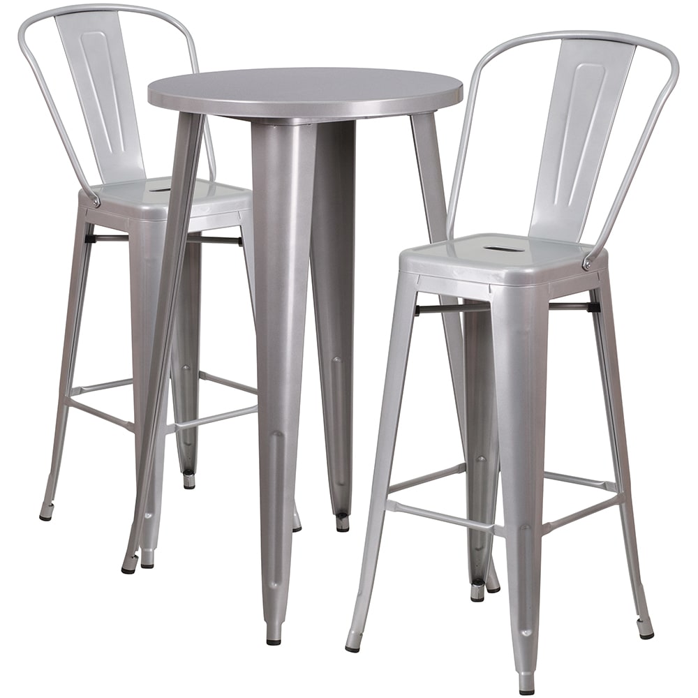 916-CH51080BH230CSIL 24" Round Bar Height Table w/ (2) Bar Stool Set - Silver Steel Top, Ste...