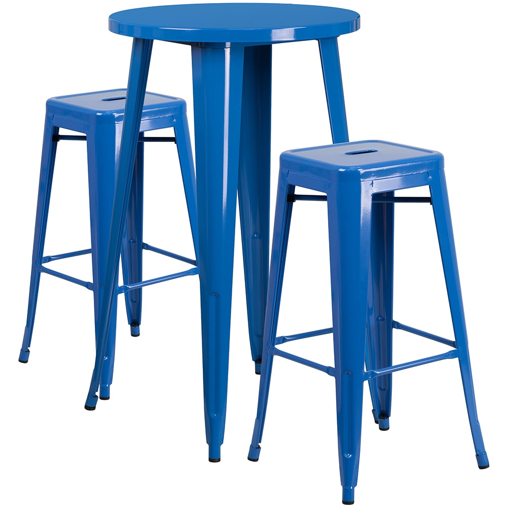 916-CH51080BH230SSBL 24" Round Bar Height Table w/ (2) Bar Stool Set - Blue Steel Top, Steel...