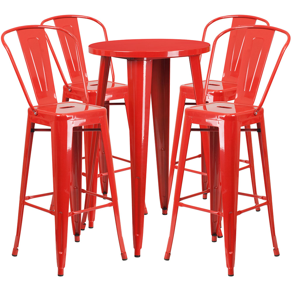 916-CH51080BH430CRED 24" Square Bar Height Table w/ (4) Bar Stool Set - Red Steel Top, Steel...