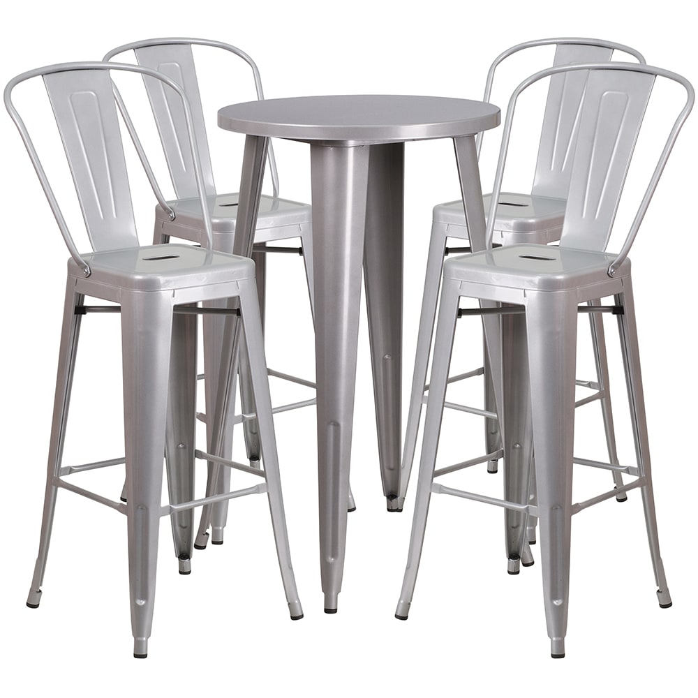 916-CH51080BH430CSIL 24" Square Bar Height Table w/ (4) Bar Stool Set - Silver Steel Top, St...