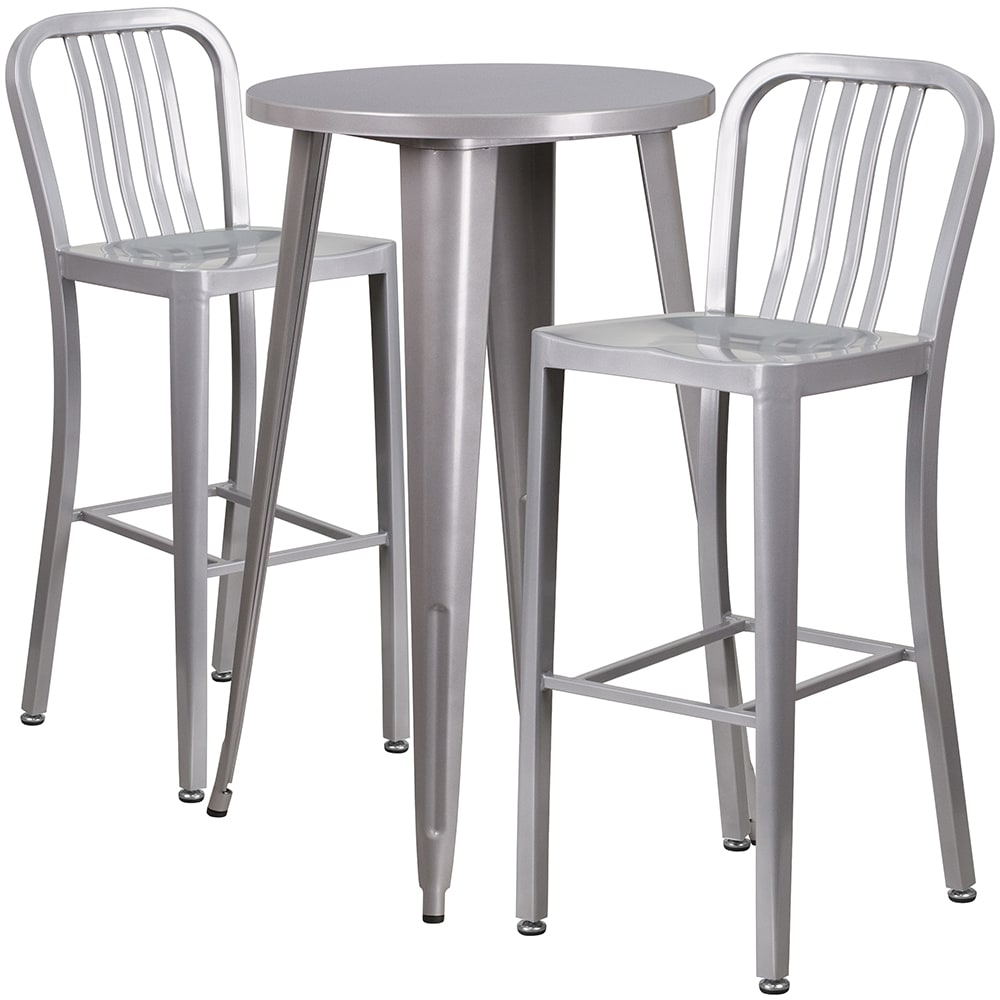 916-CH51080BH230VSIL 24" Square Bar Height Table w/ (2) Bar Stool Set - Silver Steel Top, St...