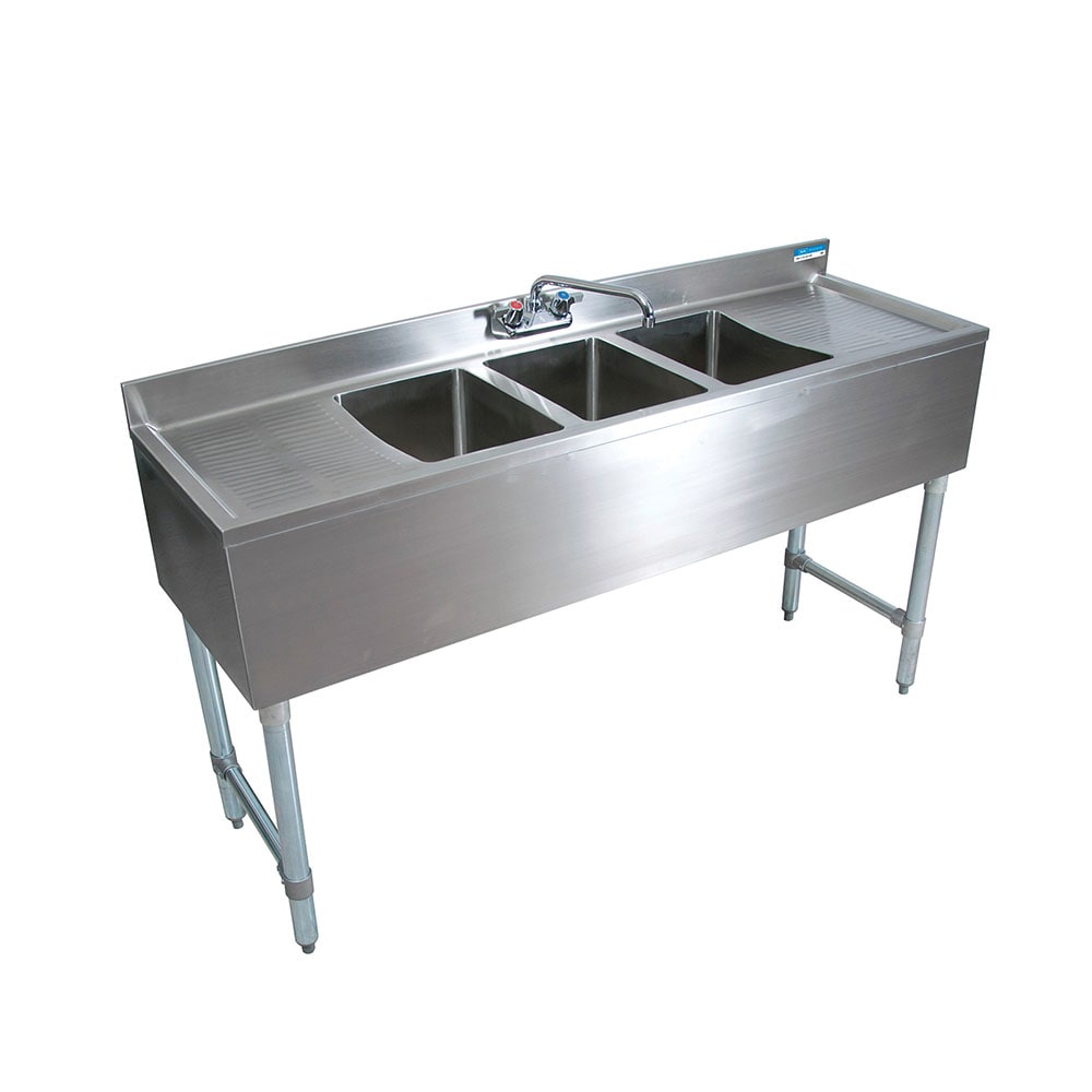 BK Resources UB4-18-384TS 84" Underbar Sink Unit w/ (3) Compartments - 25" Left & Right Drainboards, Stainless Legs