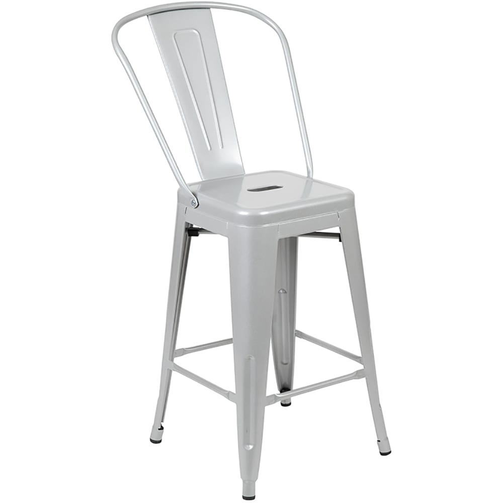 916-CH3132024GBSIL Counter Height Bar Stool w/ Curved Back & Metal Seat, Silver