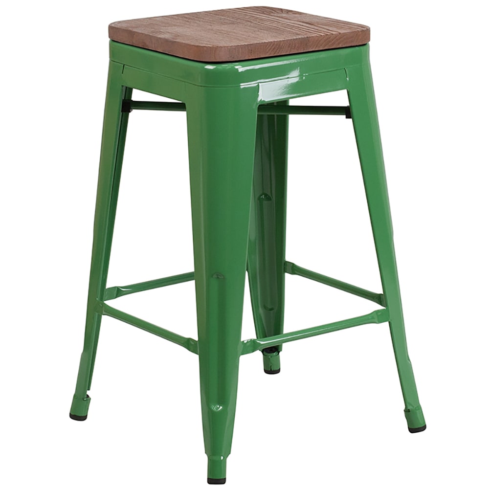 916-CH3132024GNWD Counter Height Backless Bar Stool w/ Wood Seat, Green